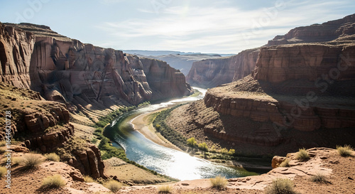 Fotografija Majestic Canyon Landscape with Winding River and Dramatic Sunlight