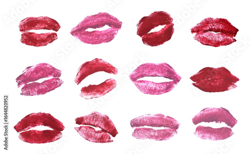 Lipstick kiss prints collection with different lip shapes and shades of pink and red cosmetics. Beauty marks for valentine cards, romantic designs and makeup advertising with glossy texture.