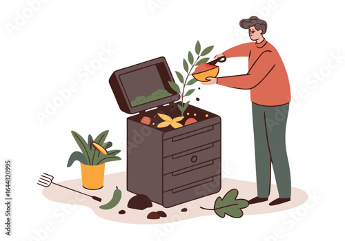 Man composting food scraps into a bin. Sustainable living concept. Flat vector illustration, clean design, green background. Perfect for eco-friendly themes.
