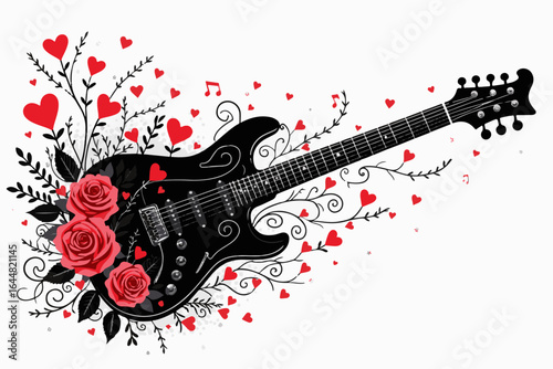 "Rocking Heartstrings" electric guitar, rock guitar, roses, hearts, music art,  colorful graphics
