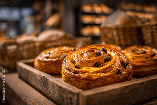 Golden pain aux raisins pastries in warm authentic French bakery