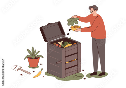 Man composting food scraps into a bin. Sustainable living concept. Flat vector illustration, clean design, green background. Perfect for eco-friendly themes.
