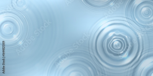 Blue water surface with ring patterns from drop impacts creating ripples and circular waves. Calm aqua background with concentric circles spreading outward for spa, wellness or nature designs.