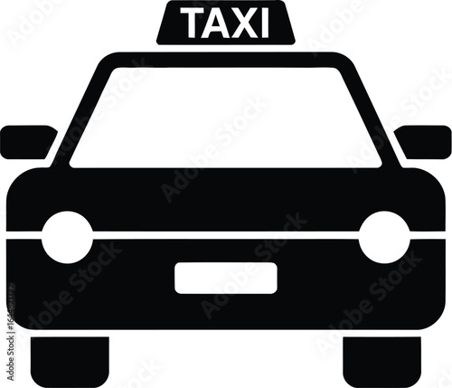 Simple black silhouette of a taxi cab viewed from the front