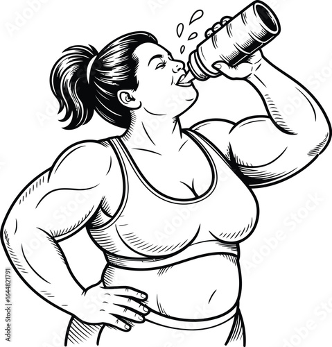 Muscular woman drinking from water bottle fitness strong