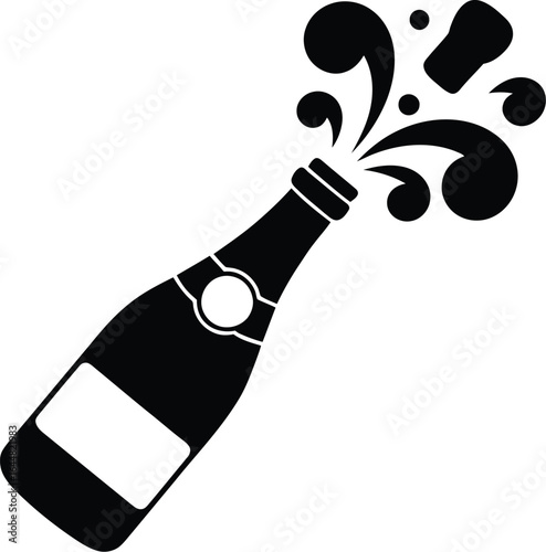 Black silhouette of a champagne bottle with exploding celebratory spray against a light background
