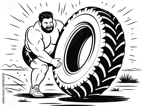 Muscular man lifting a large tire strongman strong