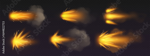 Orange fire effects from gun blast with glowing sparks and smoke trails for action scenes. Muzzle flash explosions shoot sideways with bright projectile streaks. Combat visual elements for games
