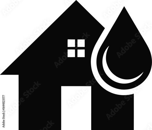 Black silhouette of a house with a water drop symbolizing plumbing services
