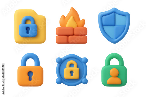 3d cyber security icons with locks and shields for data protection