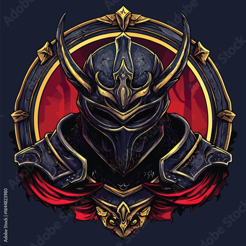 Dark Armored Samurai Head Illustration with Intricate Face Mask. Stealthy Warrior Portrait.	