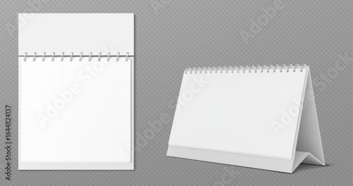 Paper calendar mockup with spiral binding for desk or wall display. Blank white pages stand upright and flip open for monthly schedule. Office stationery templates with various formats and metal rings