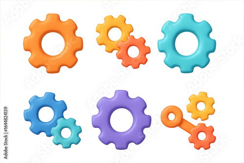 Colorful 3d gear icons in modern gradient design on dark background