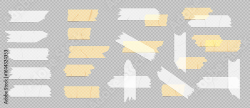Transparent tape strips with yellow paper pieces for notes and labels. Adhesive pastel rectangles torn or cut for scrapbooking and office organization. Sticky memo collection with rough edges.