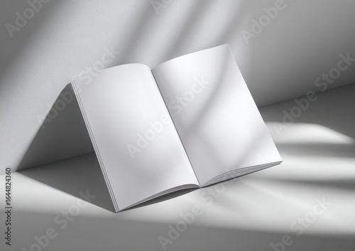 Open blank book resting on a light gray surface, bathed in soft sunlight casting shadows