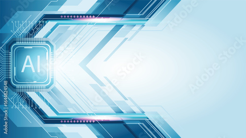 Bright abstract background with a glowing AI chip graphic and geometric tech elements leaving open white space.