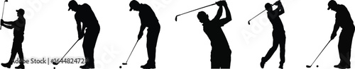 Silhouette vector set of golfer action pose with club, swing, putt and ball, black isolated graphic illustration