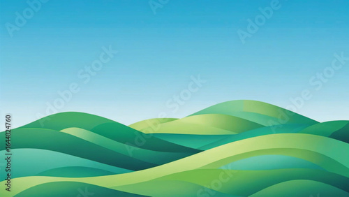 Minimalist landscape vector with rolling green hills, clear blue sky, paper cutout style, smooth Ai Generate