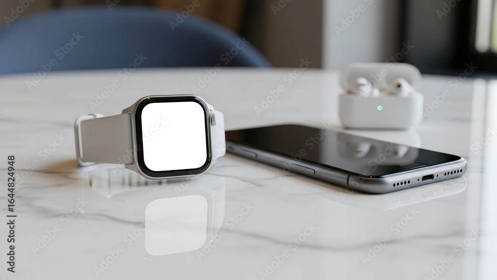 Fototapeta premium A stylish square smartwatch with a blank screen sits on a marble table alongside a smartphone and wireless earbuds, creating a modern tech lifestyle display.