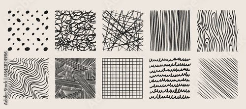 Crosshatch texture patterns set with wood grain, waves and grids, scribbles, strokes and spirals for artistic designs. Hand drawn backgrounds with various geometric shapes and lines.