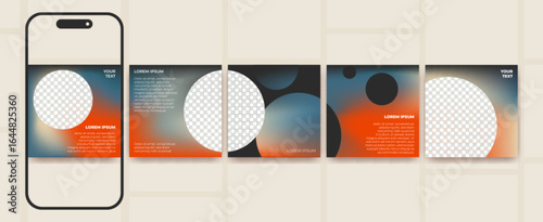 Modern carousel social media post templates with flowing abstract shapes and gradient overlays. Mobile mockup with swipeable cards with geometric forms and text placeholders for content creators.