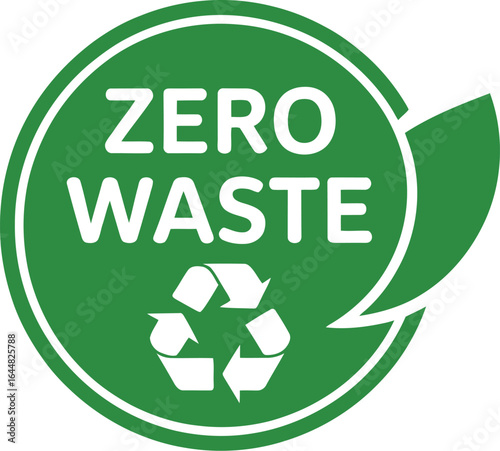 Green zero waste symbol with recycling icon and leaf on light background