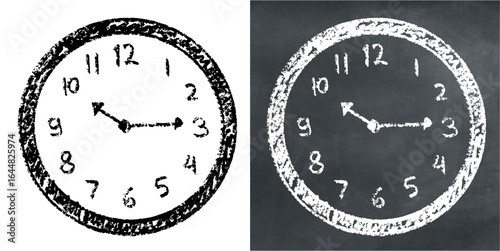 Chalk hand drawn clock vector for time, schedule, and deadlines with a sketchy feel. Perfect for illustrating time management, important dates, and creative concepts.