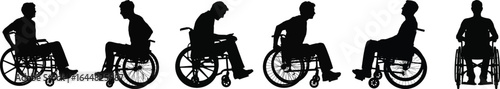 Silhouette vector set of man in wheelchair moving, resting and turning, black isolated disability mobility concept