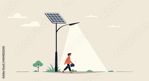 A lone figure in a red shirt walks under a solar-powered streetlight on a minimalist landscape illustrating sustainability.