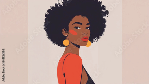 Vector portrait poster illustration afro black woman pose sideways curly hairstyle avatar for social media, Ai Generate