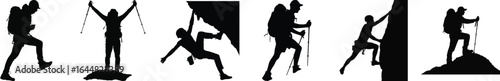 Silhouette vector set of hiker and rock climber with backpack and raised pole, black isolated exploration graphic