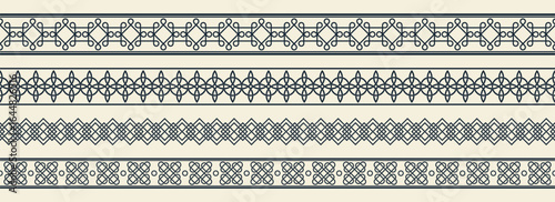 Celtic irish knot border patterns with repeating geometric interlaced designs for decorative frames and dividers. Traditional ornamental strips with endless loops, diamonds and crosses for textile