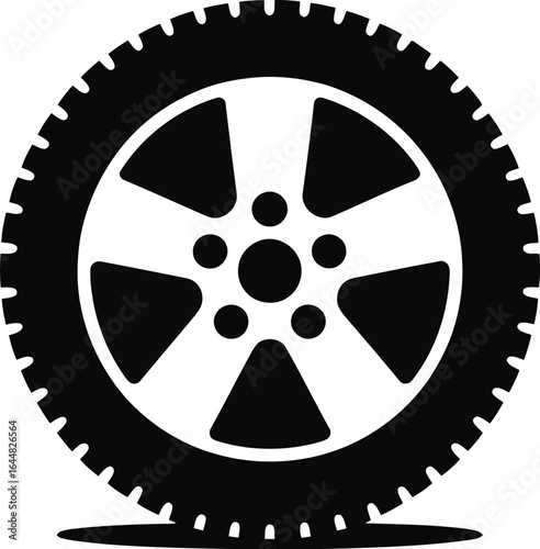 Black silhouette of a car tire and wheel with a flat tire on a light background