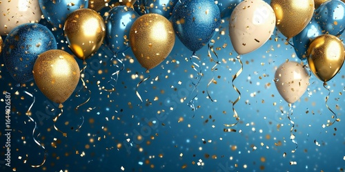 Holiday background featuring golden and blue metallic balloons, confetti, and ribbons, ideal for birthday parties, anniversaries, New Year, Christmas, or other festive events. 3D, Generative AI