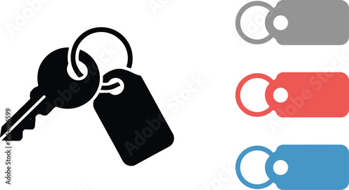 Black silhouette of a key and tag with color options for keychains
