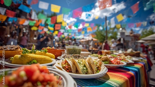 Authentic mexican food fiesta celebration with tacos corn salsa and colorful decorations outdoors event party