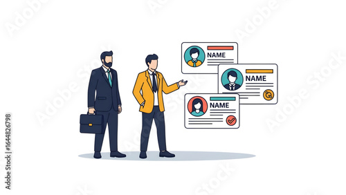 employee details button concept Recruiter Reviewing Candidate Cards Vector  Candidate Selection Profile Cards Review for ERP Interface