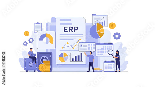 ERP Dashboard Vector — Finance, Inventory, Charts  Enterprise Resource Planning Vector — Data Widgets and Charts  Cloud ERP Concept Illustration — Team and Analytics 