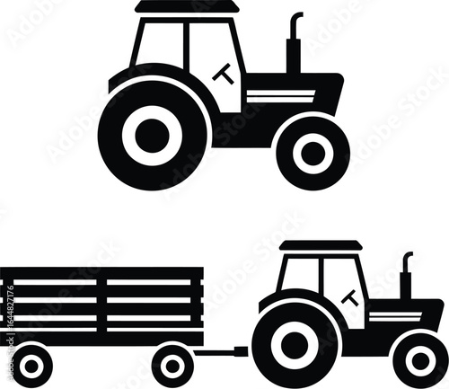 Two stylized black silhouette tractors one with a trailer on a light background