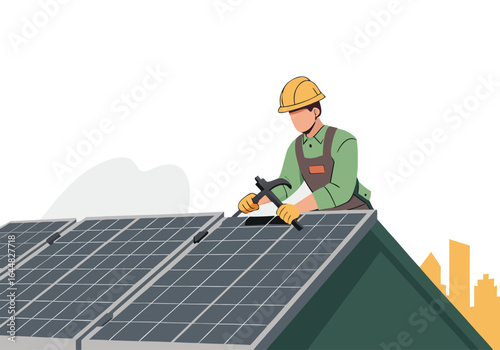 A construction worker installs solar panels on a rooftop. Bright, modern illustration showcasing sustainable energy. Clean design, professional setting.
