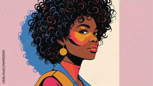 Vector portrait poster illustration afro black woman pose sideways curly hairstyle avatar for social media, Ai Generate