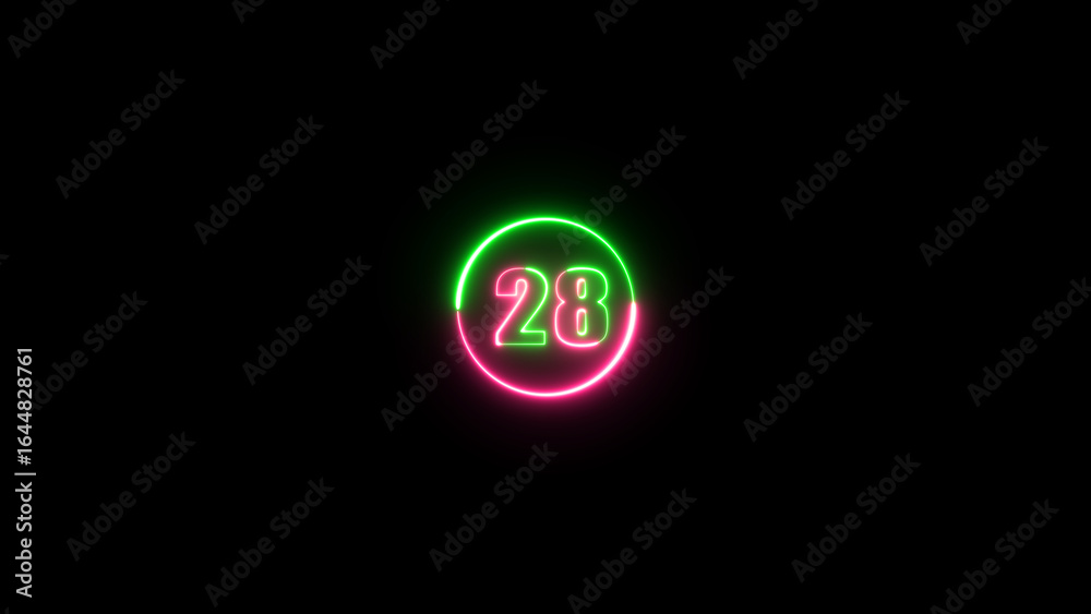 A dynamic circular and glowing neon number 28 on a black background. A dynamic circular and glowing neon number 28 on a black background.
