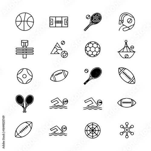 A grid of 16 different line art style sports icons
