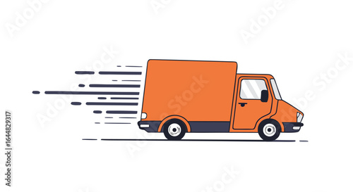Illustrated orange delivery truck speeding on a beige background, symbolizing fast shipping and efficient logistics.

