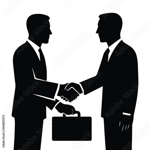 Two businessmen in silhouette shaking hands over a briefcase isolated on white background
