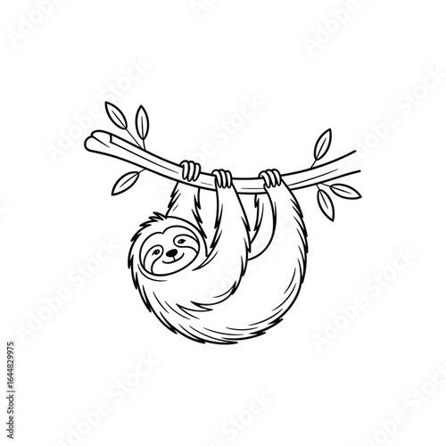 Smiling sloth hanging from a branch with leaves animal