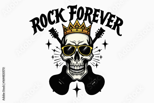 Rock Forever Skull Emblem   skull art, crown skull, guitar crossbones,  colorfull graphics