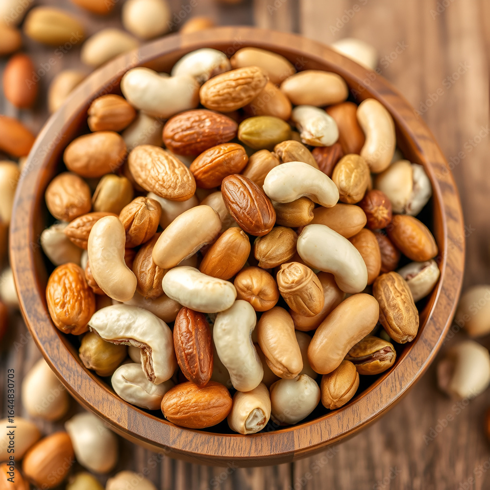Obraz premium Wooden bowl filled with assorted nuts almonds, cashews, peanuts, pistachios. Healthy, natural snack mix emphasizing organic ingredients, raw vegetarian protein. Perfect for diet conscious consumers