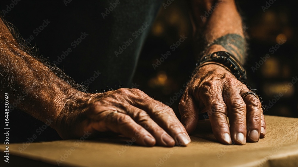 Fototapeta premium Aged hands on a craft surface