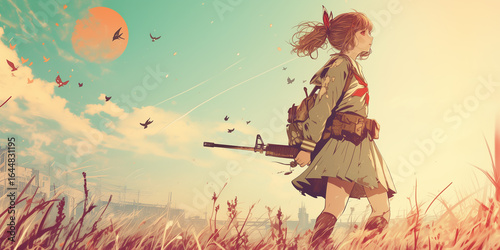 Anime Girl Soldier in School Uniform Walking through Battlefield at Sunset